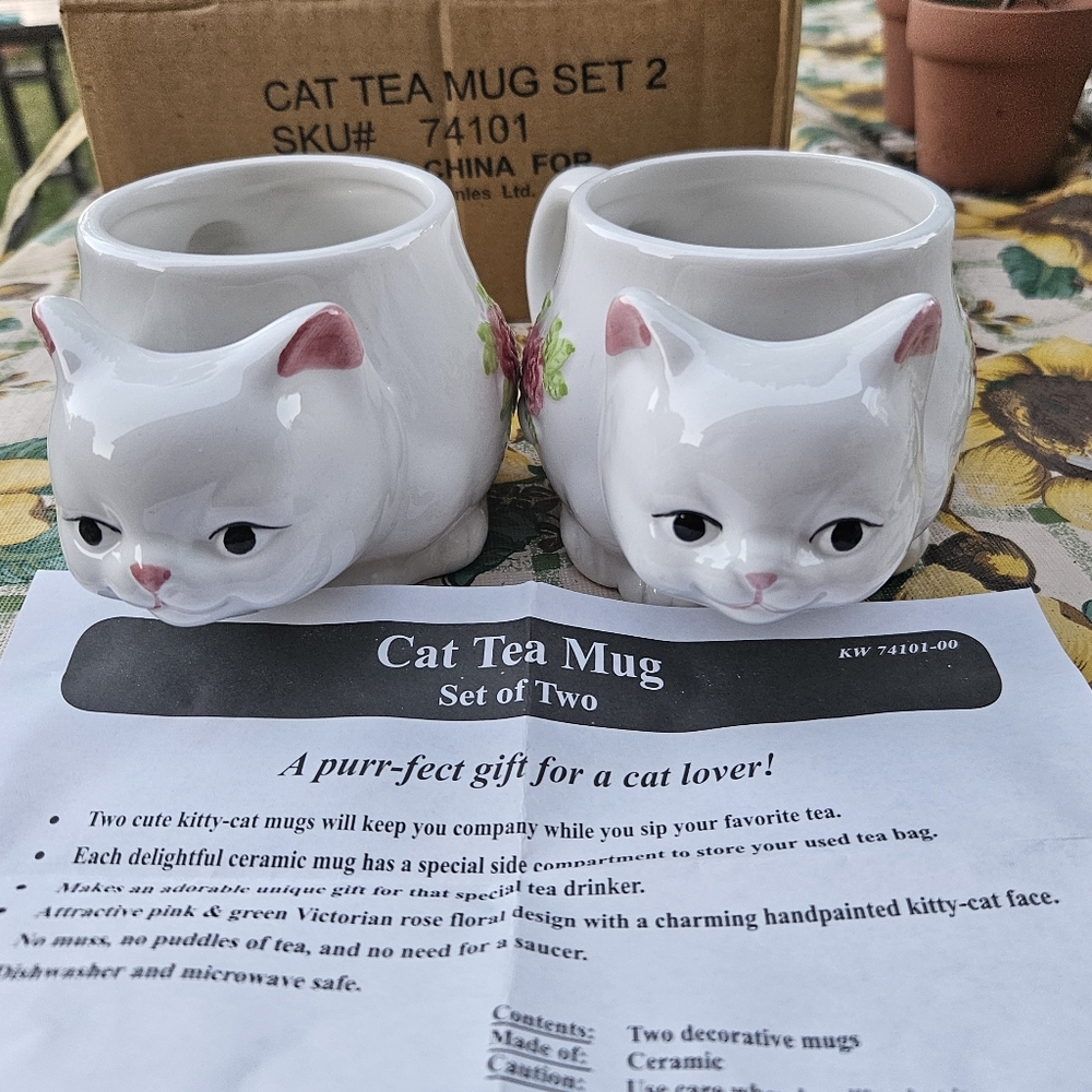 Vtg White Ceramic Kitty Cat Pink Flowers  Tea Bag Holder Cups